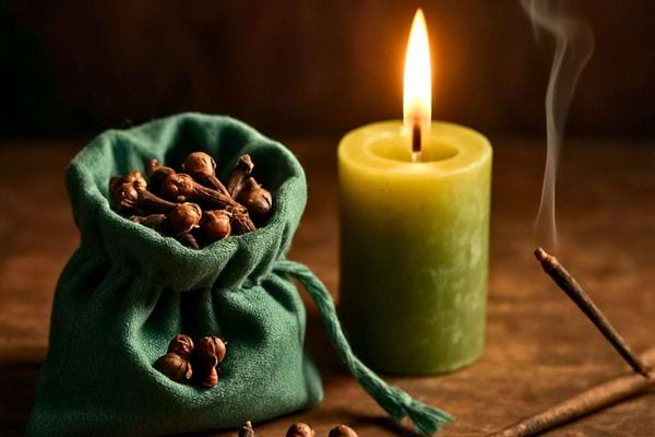 Un sachet de clous de girofle est pose pres d une bougie allumee et d un baton d encens.