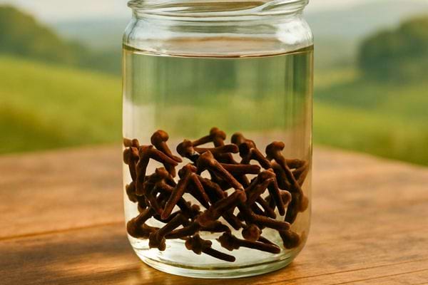 Un bocal rempli d eau contient de nombreux clous de girofle trempes.