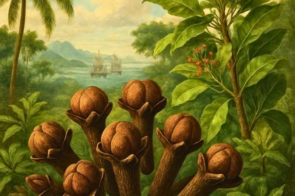  Un paysage tropical montre des clous de girofle g&eacute;ants devant une vue maritime.