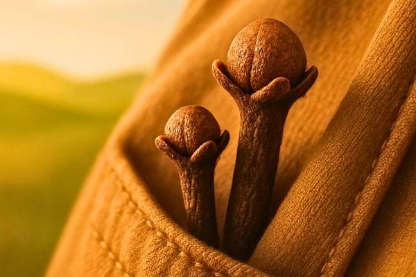 Deux clous de girofle depassent d une petite poche de vetement.