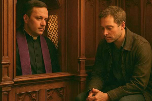 Un pretre ecoute un homme pensif dans un confessionnal en bois.