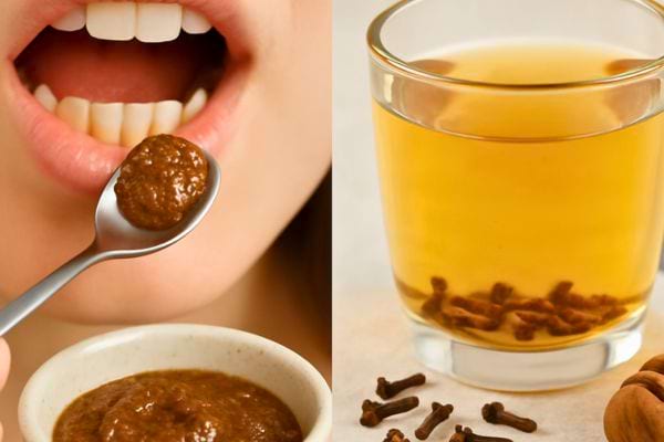 Une personne prend une cuillere de pate de girofle et miel.