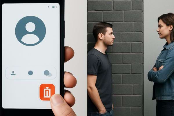 smartphone affichant suppression contact et deux personnes face a face.