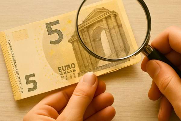mains inspectant un billet de 5 euros avec une loupe