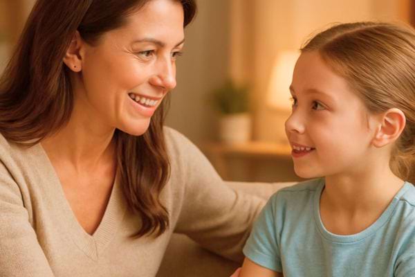 Une mere sourit en discutant avec sa fille dans le salon.