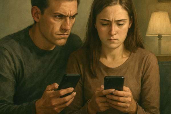 Un couple regarde leurs telephones avec un air inquiet et tres mefiant.
