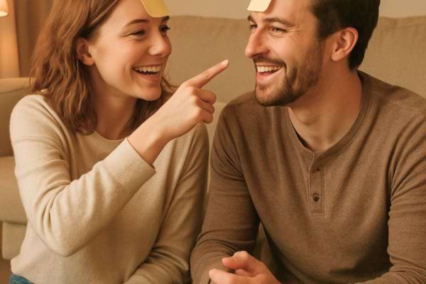 Un couple joue a un jeu de post-it sur le front en riant joyeusement.