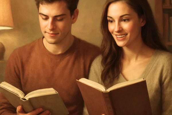 couple lisant ensemble dans une ambiance chaleureuse.