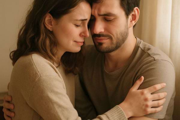Un couple s’enlace en pleurant, cherchant du soutien et du reconfort mutuel.