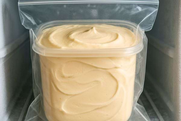 Un contenant rempli de creme epaisse est protege dans un sac zip place au congelo.