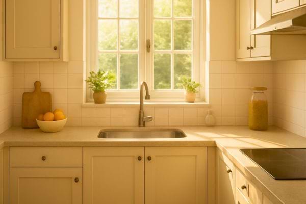 cuisine claire et bien rangee eclairee par la lumiere du matin.