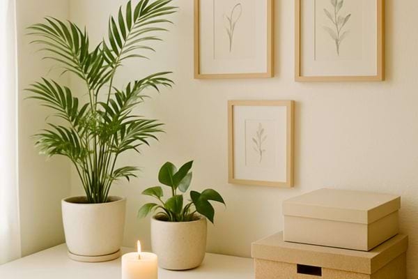 Decoration apaisante avec plantes, cadres botaniques et bougie allumee.