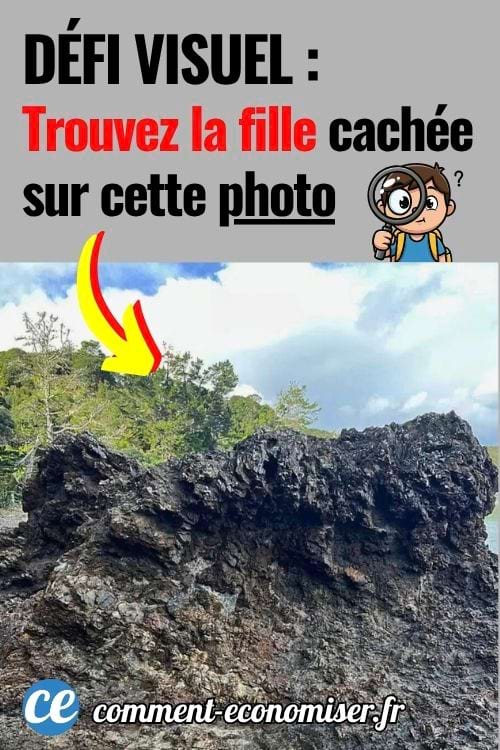 Défi visuel qui consiste à trouver une fille cachée dans un photo d'un rocher