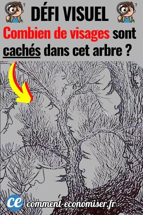 Défi visuel qui consiste d'une image où l'on doit trouver des visages cachés dans un arbre