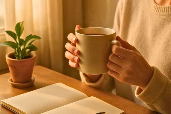 personne tenant une tasse chaude pres d un carnet.