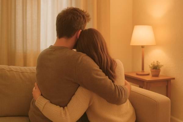 Photo chaleureuse d'un couple enlacé sur un canapé, lumière douce