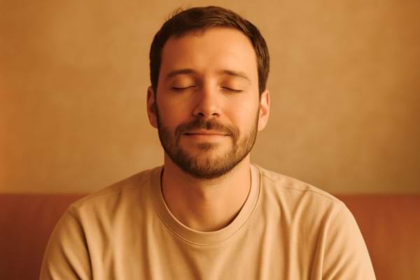 Homme détendu les yeux fermés, expression sereine et apaisée