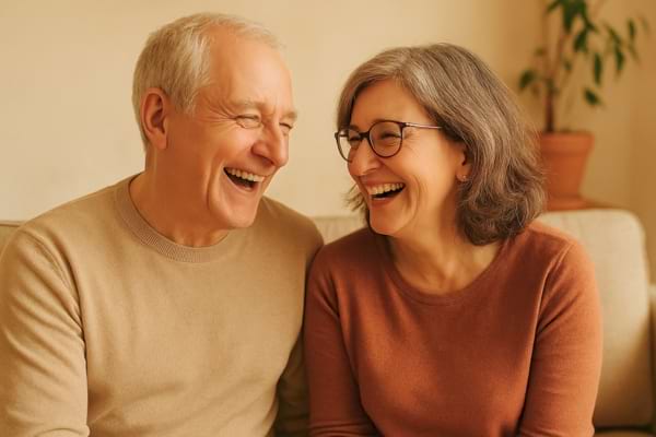 Couple mature complice riant ensemble, assis côte à côte