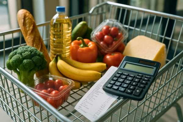 Photographie réaliste d'un caddie de supermarché rempli de produits alimentaires