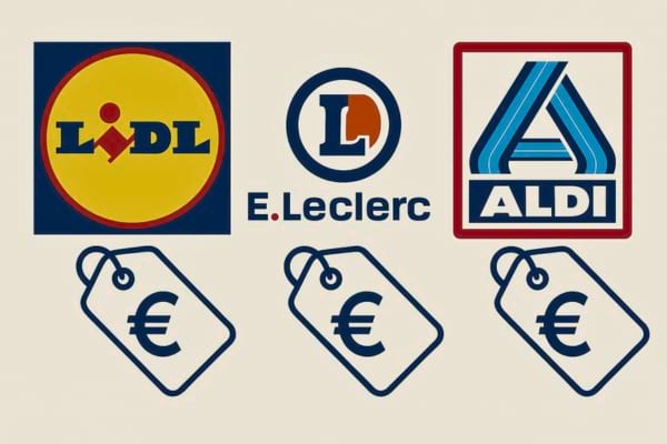 Illustration moderne montrant les logos de supermarchés Lidl, Leclerc et Aldi