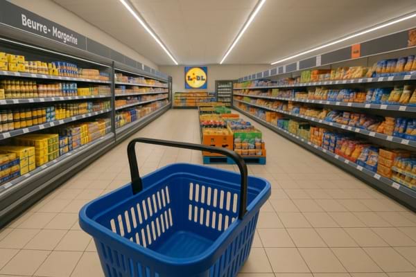 Intérieur lumineux d'un magasin Lidl avec des rayons bien garnis de produits