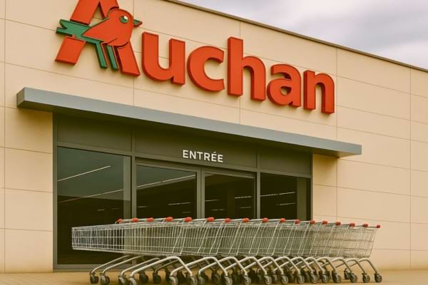 Photo d'une façade de supermarché Auchan avec des chariots devant l'entrée