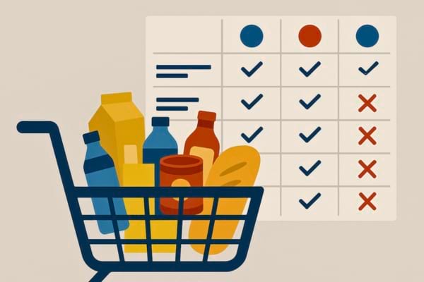 Composition graphique montrant un panier de courses virtuel