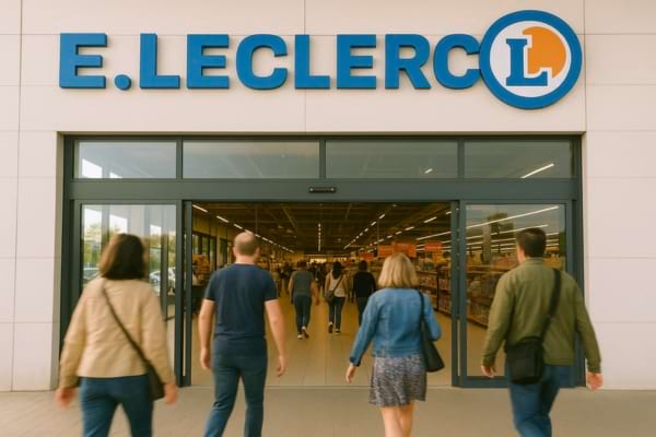 Photo dynamique montrant l'entrée d'un magasin Leclerc avec des clients qui entrent