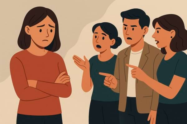 Groupe de personnes discutant et regardant vers une femme isolée