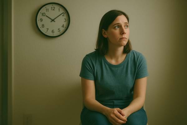 Femme attendant assise, horloge en arrière-plan montrant le passage du temps