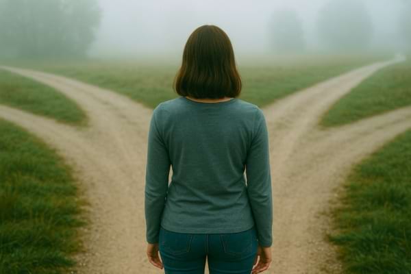 Carrefour avec plusieurs chemins, femme de dos hésitant,