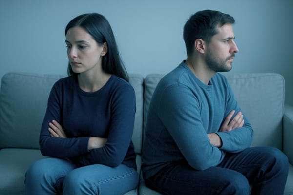Deux personnes dos à dos sur un canapé, atmosphère de silence et d'évitement, tons froids