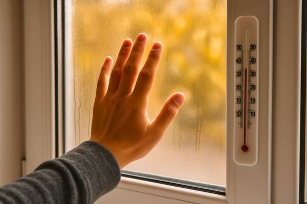 Photo d'une main touchant une fenêtre froide avec de la condensation