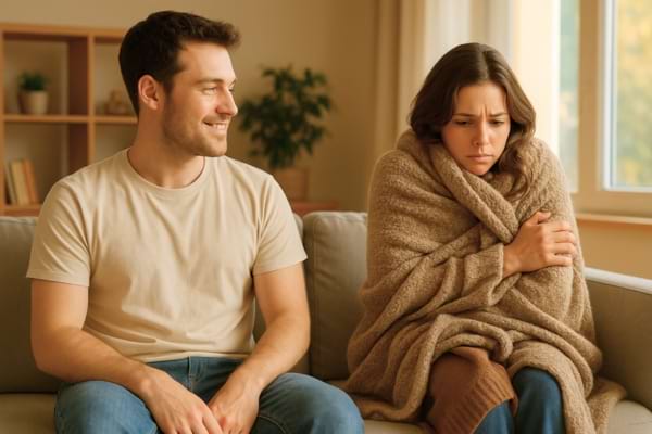 Photo de deux personnes dans la même pièce avec des réactions différentes