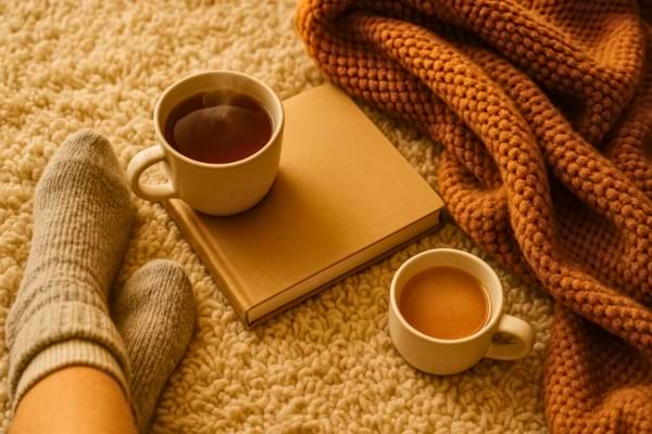 Photo flatlay cosy montrant une tasse fumante de tisane, des chaussettes épaisses, un plaid doux