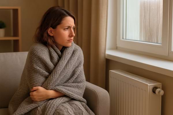 une femme dans son salon, enroulée dans un plaid