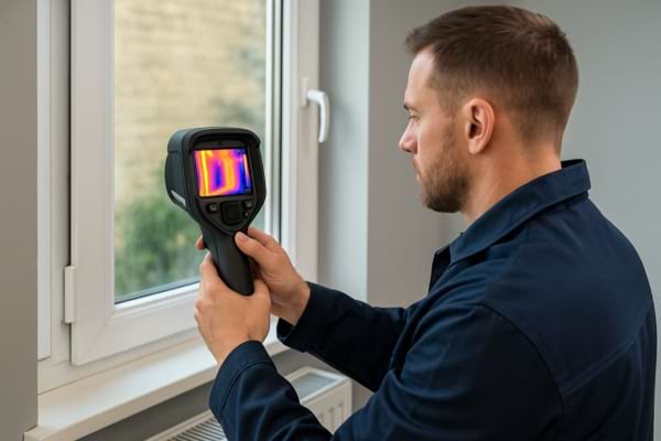 un thermicien utilisant une caméra thermique pour repérer les pertes de chaleur