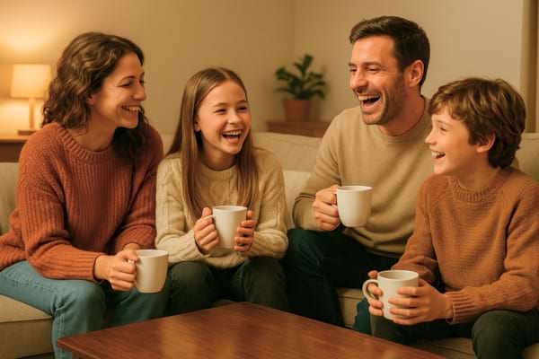 une famille réunie dans un salon chaleureux, riant autour d’un thé