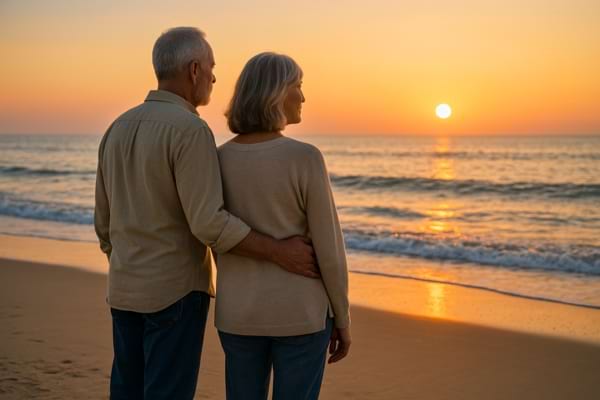 un couple senior marchant sur une plage au coucher du soleil