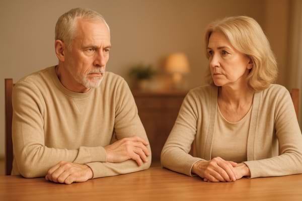 une femme de 60 ans souriante, assise dans un salon