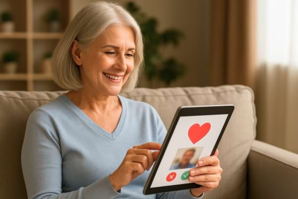 une femme de 60 ans souriante, assise dans un salon, utilisant une application de rencontre