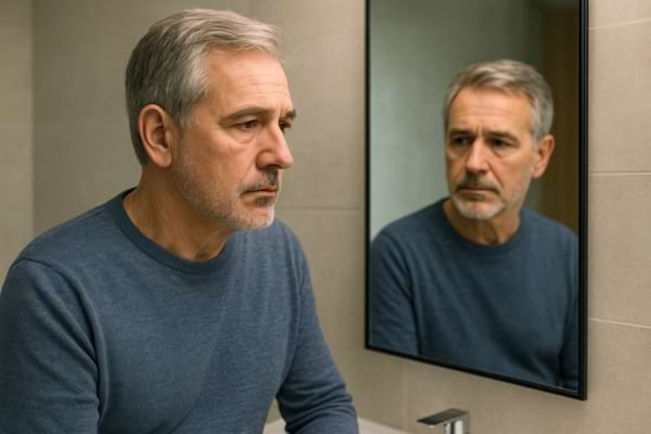 un homme d’une soixantaine d’années regardant son reflet dans un miroir,