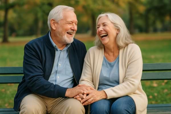 un couple senior riant ensemble sur un banc de parc, main dans la main