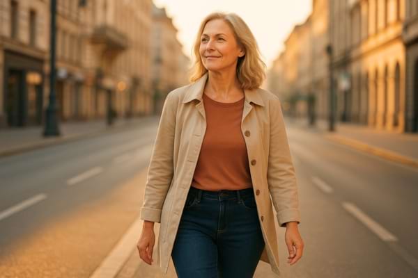 une femme de 55 ans marchant seule dans une ville au petit matin,
