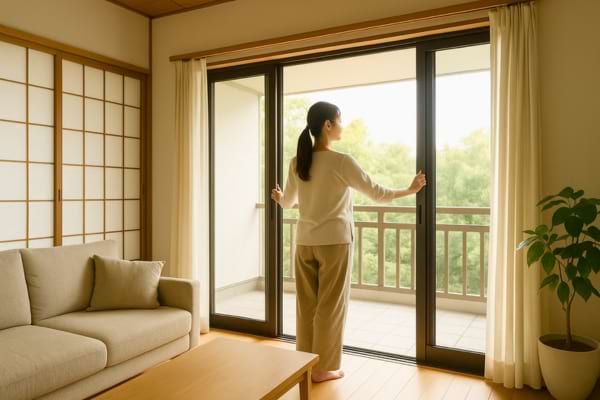 une femme japonaise ouvrant les fenêtres d’une maison baignée de lumière