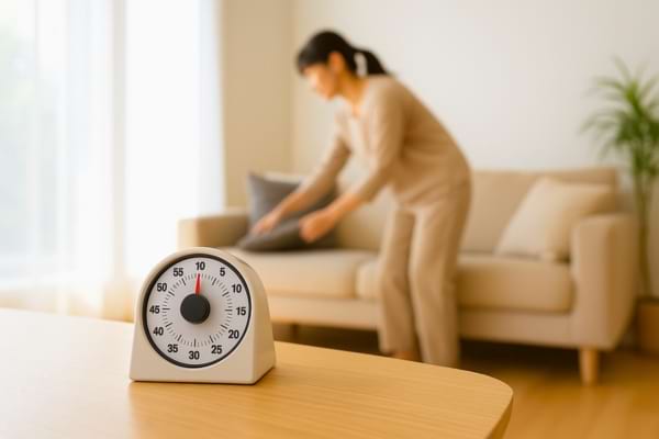 un minuteur posé sur une table, avec une personne qui range un coin de salon