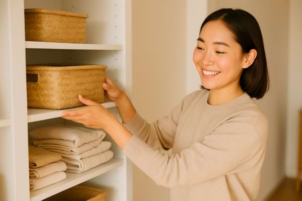 une personne souriante range un placard avec des paniers de rangement en osier