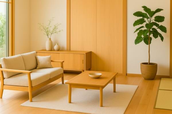 un salon japonais minimaliste avec du bois clair, des plantes vertes