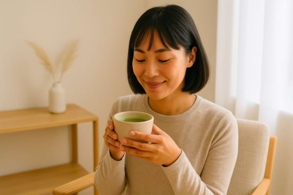 une personne détendue buvant un thé matcha dans une pièce minimaliste et lumineuse.