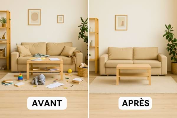 avant/après d’une pièce désordonnée devenue minimaliste et harmonieuse.